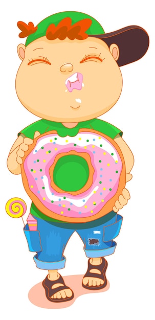 Chubby cute kid eat donut Boy walk and hold sweet donut in his hands Isolated