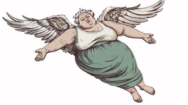 Chubby Woman Flying on Wing in Artistic Mixed Media Vector Illustration