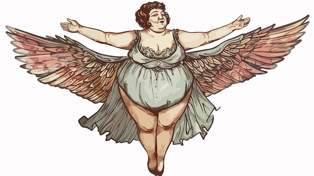 Chubby Woman Flying on Wing in Artistic Mixed Media Vector Illustration