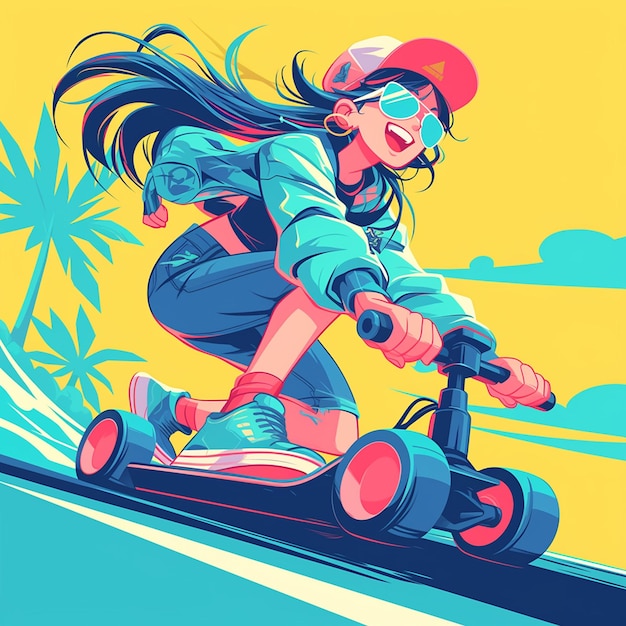 A Chula Vista girl rides an electric skateboard in cartoon style