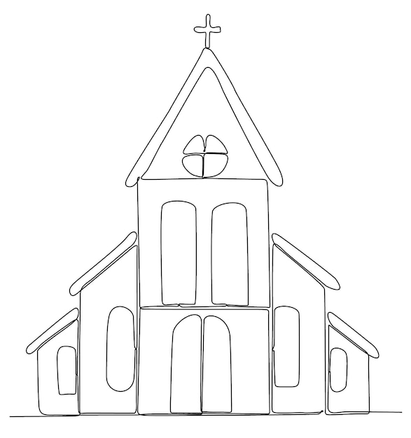 Church in continuous line art drawing style. Abstract church building with bell tower.