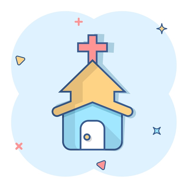 Church icon in comic style Chapel vector cartoon illustration on white isolated background Religious building business concept splash effect