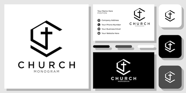 church initial capital geometric shape cross with business card template