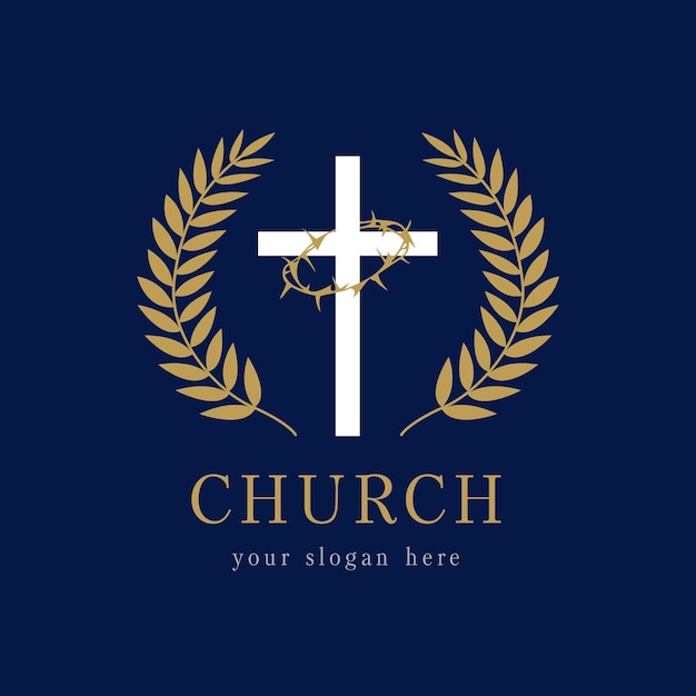 Church logo template. Religious vector Christian sign. It is done symbol. Cross and thorns of spines