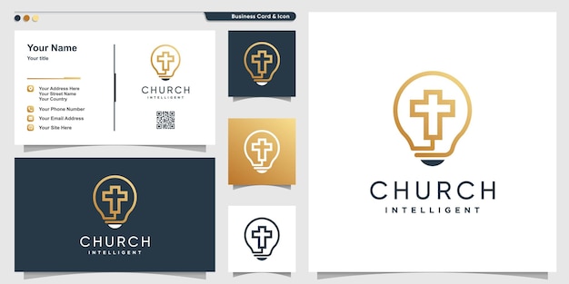 Church logo with smart intelligent line art style and business card design template Premium Vector