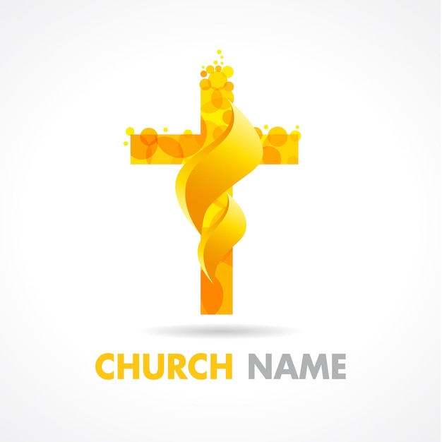 Church logotype concept. Creative idea. Golden cross and fire.