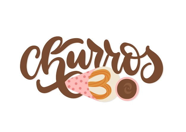 Churros lettering concept with churros sticks in paper bag vector hand drawn flat typography illsutr