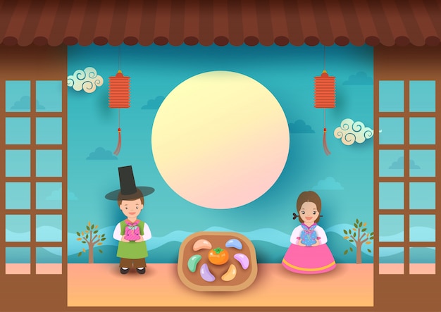 Chuseok festival with korean people on full moon.