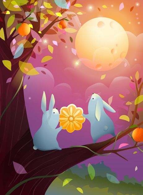 Chuseok or Mid Autumn Festival with Bunny and Moon