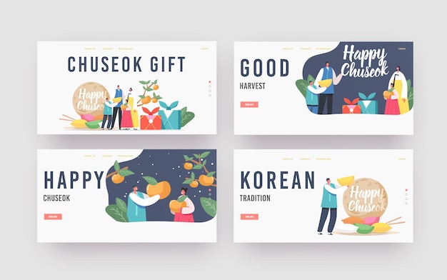 Chuseok Tteok Landing Page Template Set. Happy Asian Family with Kids Characters Wearing Traditional Costumes Hanbok Stand at Songpyeon Rice Cake and Persimmon Tree. Cartoon People Vector Illustration