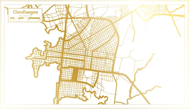 Cienfuegos Cuba City Map in Retro Style in Golden Color Outline Map