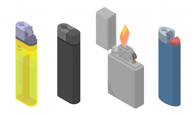 Vector cigarette lighter icons set, isometric style