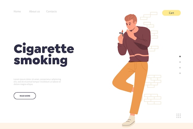 Vector cigarette smoking landing page design template with young man character enjoys deep smoke inhaling