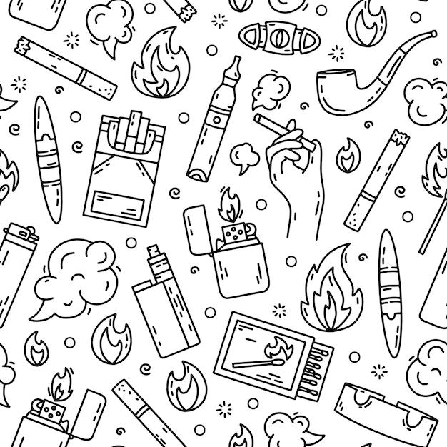 Cigarette smoking vector seamless pattern in doodle style with tobacco lighters and vape