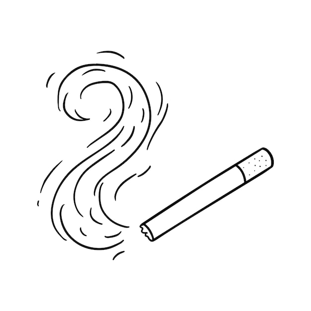 Cigarette with smoke nicotine smoldering bad habit doodle linear cartoon coloring