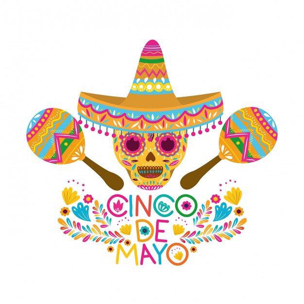 Cinco de mayo card skull on white card