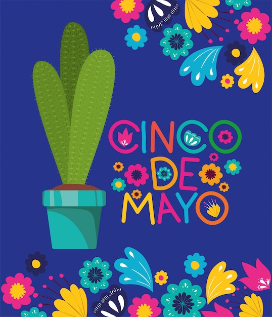 Cinco de mayo card with flowers and cactu