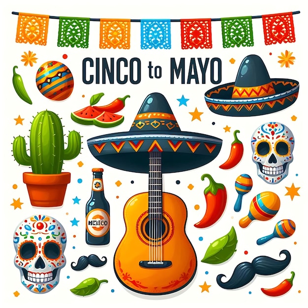 Vector cinco de mayo celebration in mexico icon set collection design elements guitar maracas peppers