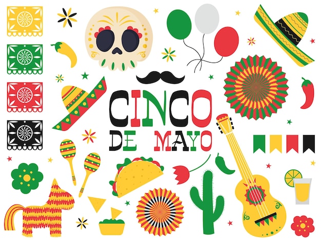 Cinco de Mayo celebration in Mexico icons set design element flat skull papel picado etc