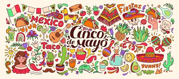 Cinco de Mayo doodle set color Mexican food elements plants big collection Mexican background