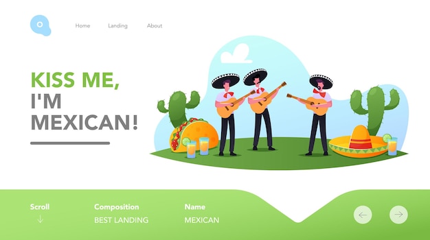 Cinco De Mayo Festival Landing Page Template. Mexican Men in Sombrero Playing Guitar Celebrating National Folk Music Holiday. Mariachi Artist Musicians Characters. Cartoon People Vector Illustration