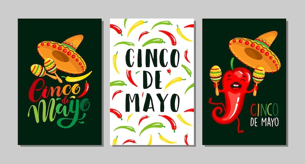 Cinco de Mayo logo design with lettering and Mexican pepper character wearing sombrero Vector illustration EPS 10