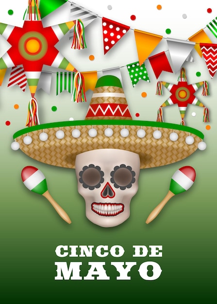 Cinco de mayo poster with pinatas pennants and skull with sombrero and maracas