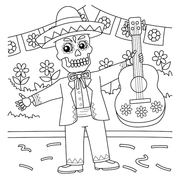 Vector cinco de mayo skeleton holding guitar coloring