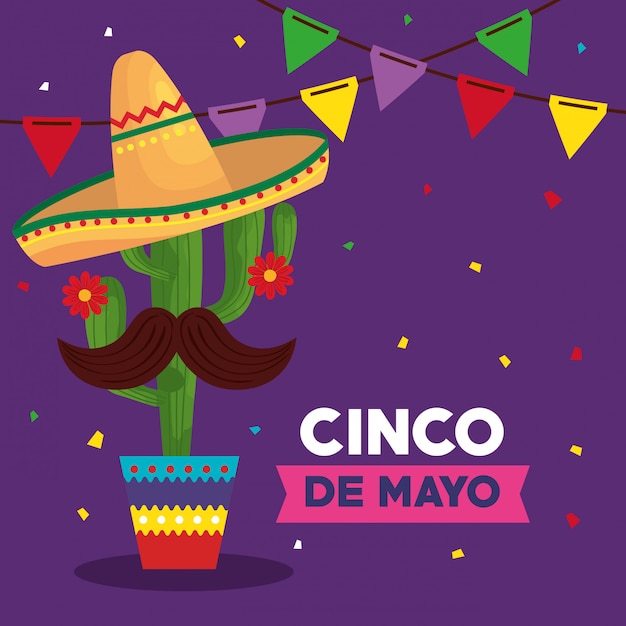 cinco de mayo with cactus and icons traditional  illustration