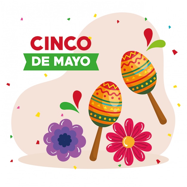 cinco de mayo with maracas and flowers decoration  illustration