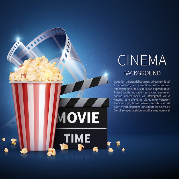 Cinema 3d movie background with popcorn and vintage film.