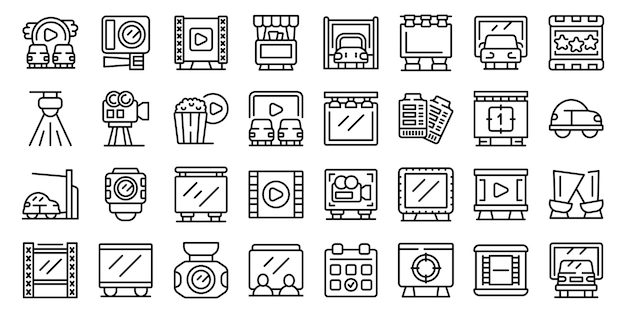 Cinema in the car icons set outline vector Open air