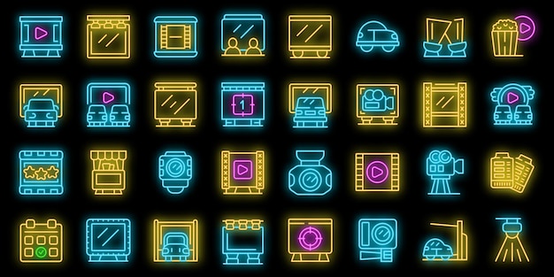 Cinema in the car icons set vector neon