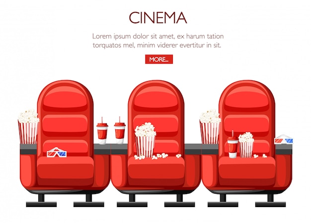 Vector cinema concept. auditorium and three red comfortable armchairs in the cinema. drinks and popcorn, glasses for movie.  cinema seats illustration.  illustration on white background