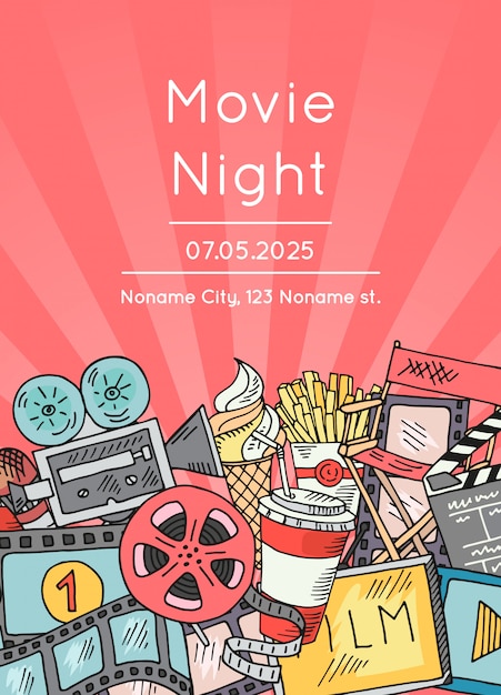   cinema doodle icons poster for movie night or festival