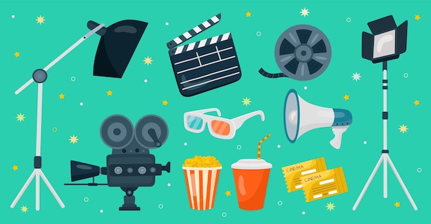 Cinema equipment Movie theater icons film elements Video tape and camera popcorn and glasses clapperboard bobbin and drink Spotlight and tickets Filmmaking tools Vector nowaday set