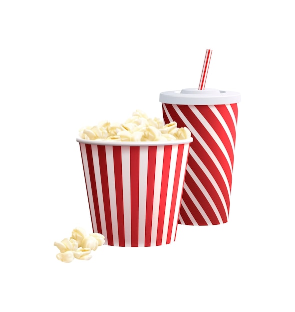 Cinema film production realistic transparent composition with isolated images of cups with cola and corn vector illustration