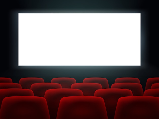 Cinema Hall With White Blank Screen  and Seats 