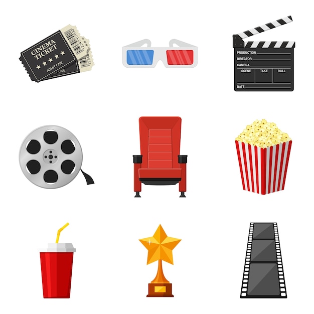 Cinema icons set in flat style on white background. To rent and watch movie in the cinema decorative elements. Accessories cinemas. Movie and film concept.