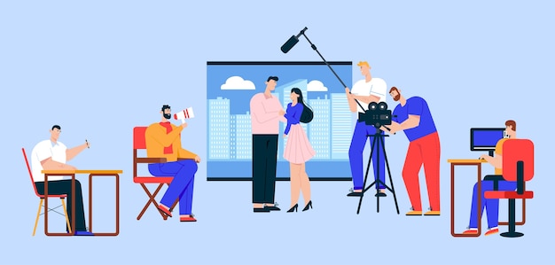 Cinema industry flat vector illustration. Movie director, cameraman, sound engineer and actress cartoon characters. Action film, advertisement shooting process