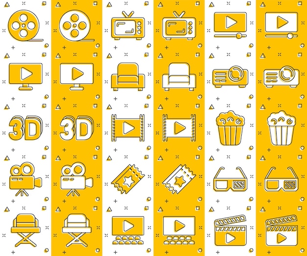 Cinema line icons in comic style Entertainment set cartoon vector illustration on white isolated background Movie media splash effect business concept