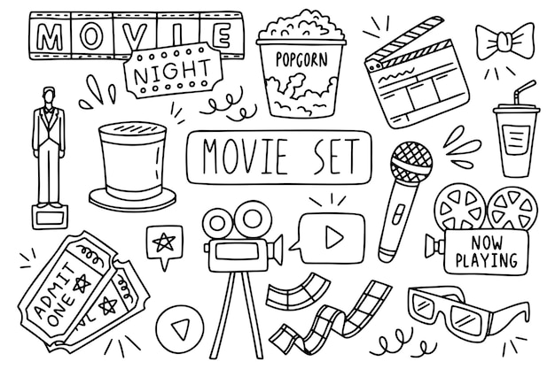 Cinema movie simple vector icon Doodle outline rest set Drawings element silhouette