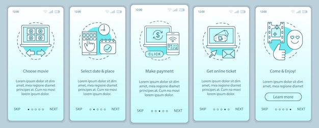 Cinema onboarding mobile app page screen vector template. 3d film ticket payment. Movie premiere event. Walkthrough website steps with linear illustrations. UX, UI, GUI smartphone interface concept