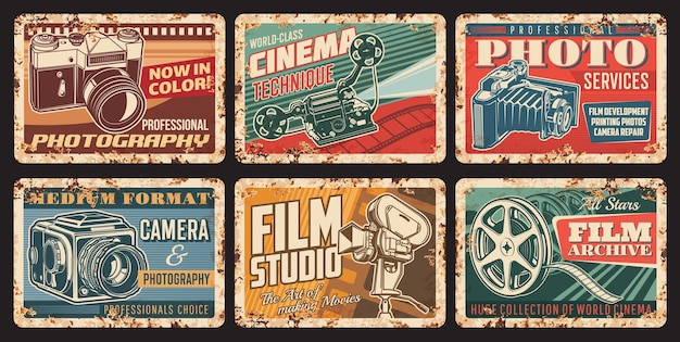 Vector cinema, photo vintage cameras vector rusty plates