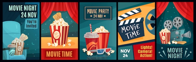 Cinema poster. Night film movies, popcorn and retro movie posters template  illustration set