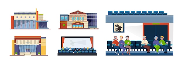 Cinema set. Outdoor facade building and indoor interior with spectator audience sitting in row at film strip. Movie theater 3d cyberspace entertainment amusement for children and adults vector flat