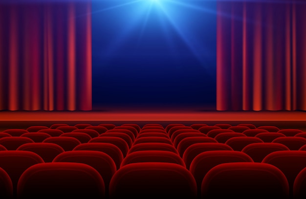 Cinema or theater hall with stage, red curtain and seats vector illustration