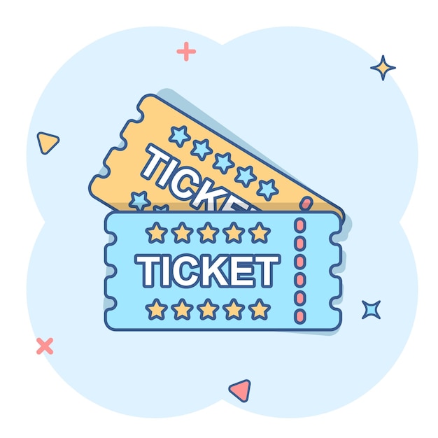 Cinema ticket icon in comic style Admit one coupon entrance vector cartoon illustration pictogram Ticket business concept splash effect