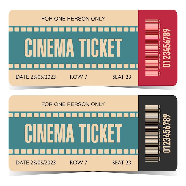 Cinema ticket vector template with red or black part with barcode rounded corners