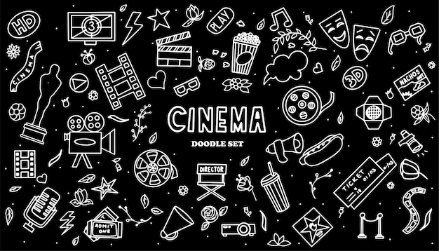 Cinema tv shows series and movies funny doodle vector set hand drawn colorful illustration set for p...